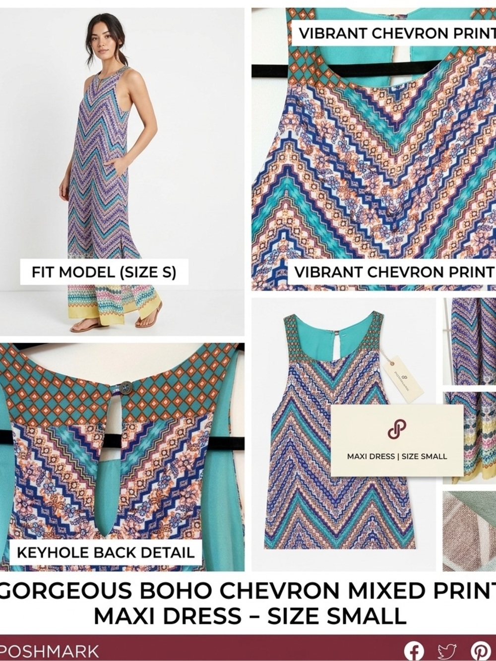 The Vanity Room Chevron Maxi Dress Blue Teal Size S